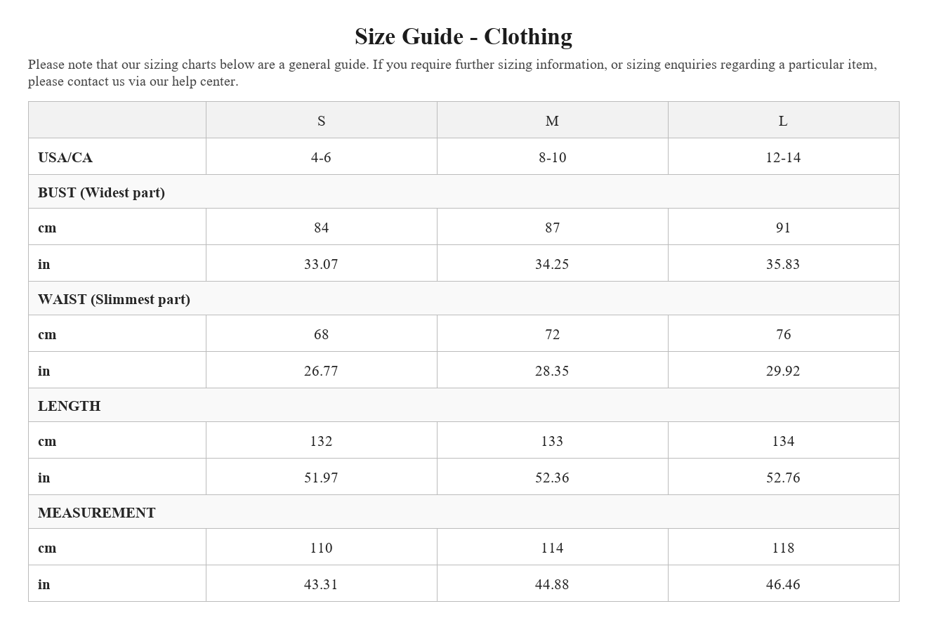 Size chart
