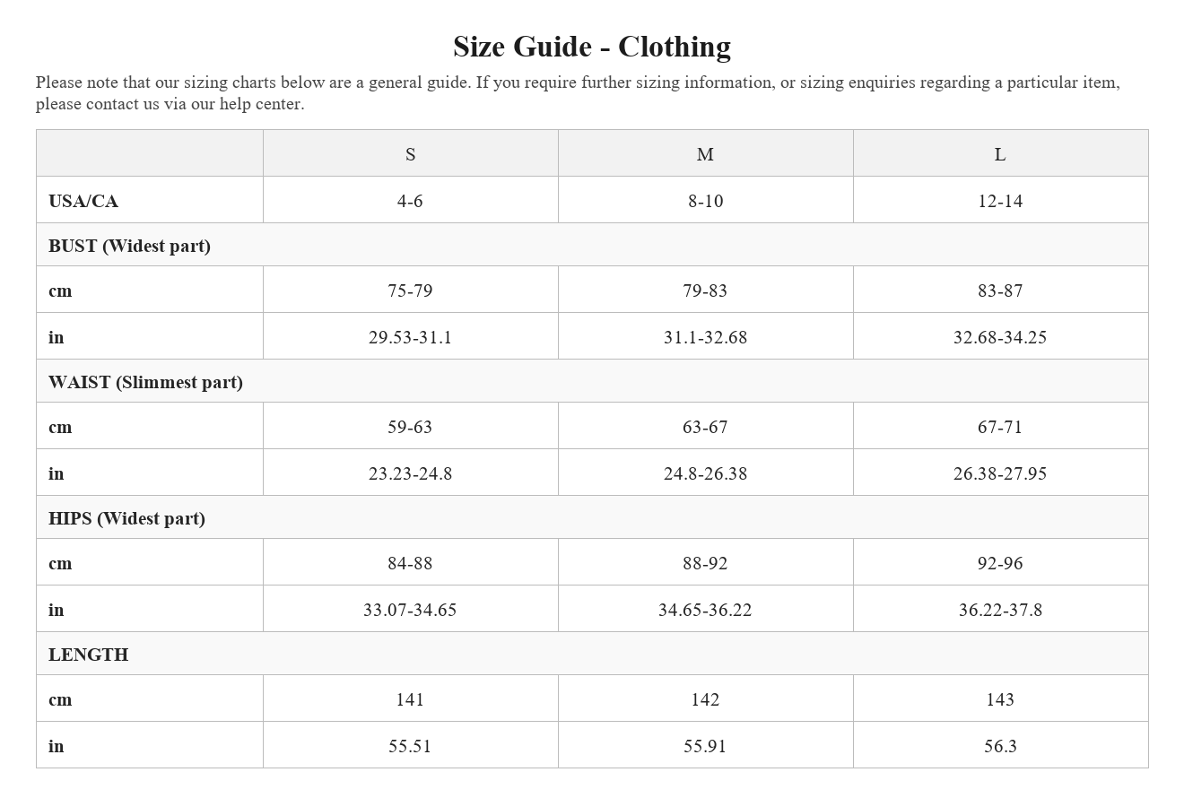 Size chart