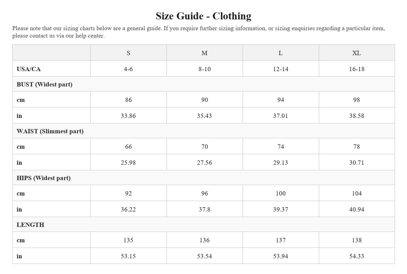 Size chart